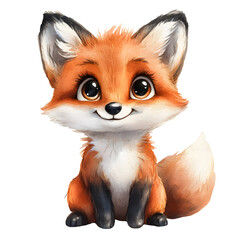 Cute baby fox in a sitting position with adorable features and playful expressions. Animal character with smiling face and big eyes. Watercolor illustration isolated on transparent background.
