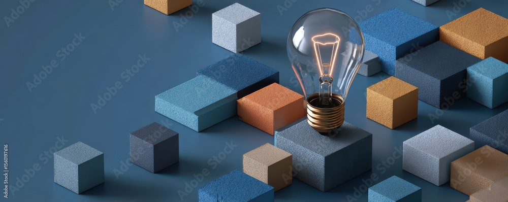 Poster creative light bulb surrounded by colorful geometric blocks on a blue surface for modern design conc