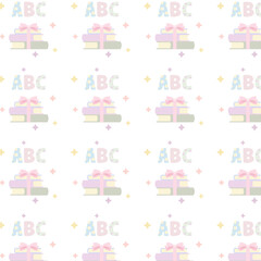 Seamless coquette pattern with pastel stacked books, pink bows, ABC letters and sparkles on white background, cute back to school vector