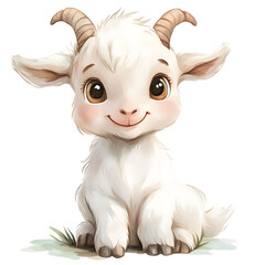 Cute baby goat in a sitting position with adorable features and playful expressions. Animal character with smiling face and big eyes. Watercolor illustration isolated on transparent background.