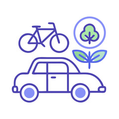 Stylish graphic illustration of a car, bicycle, and green leaves representing eco-friendly transportation
