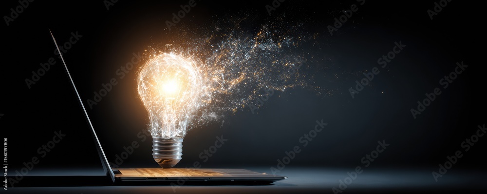 Poster creative visualization of light bulb emanating bright sparkles from open laptop in dark environment