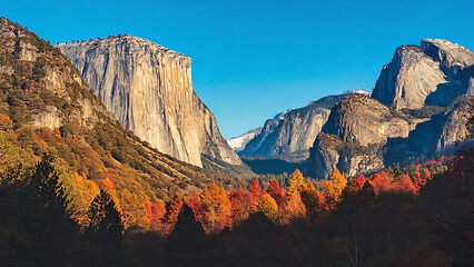 Scenic Yosemite Valley in Autumn: El Capitan and Half Dome under a clear blue sky.