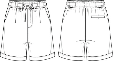 Casual elastic waist drawstring shorts front and back view, menswear technical flat, cuffed hem, pocket design, vector cad illustration