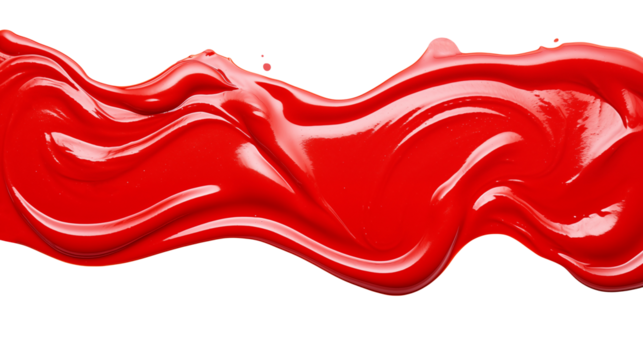 Bright red paint splash on black shows dynamic movement and texture, transparent background