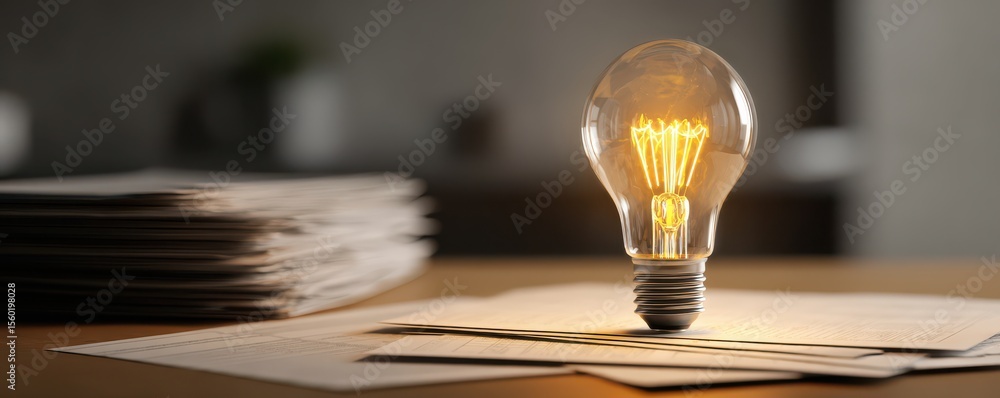 Poster bright idea concept with light bulb on desk surrounded by papers and a softly blurred background for