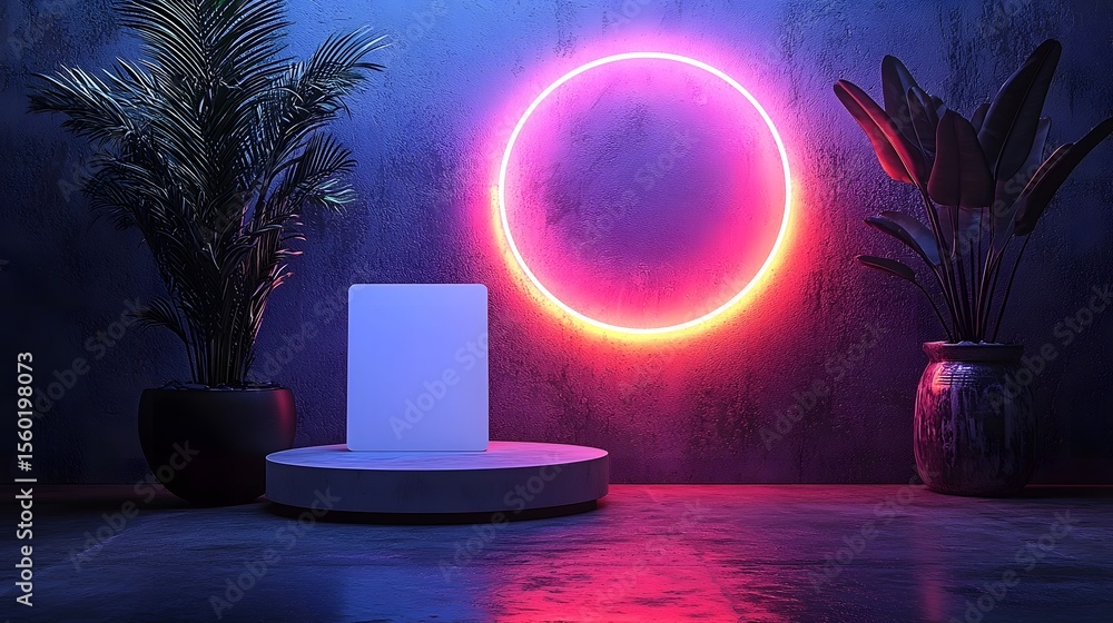 Wall mural futuristic neon speaker and blank gift card on minimalist display