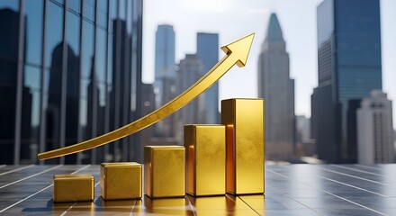 A golden growth chart with an upward arrow against the backdrop of modern skyscrapers in a business district is a symbol of success, investment, profit, and economic progress.