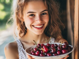 A young woman holding a bowl with lots of cherries.