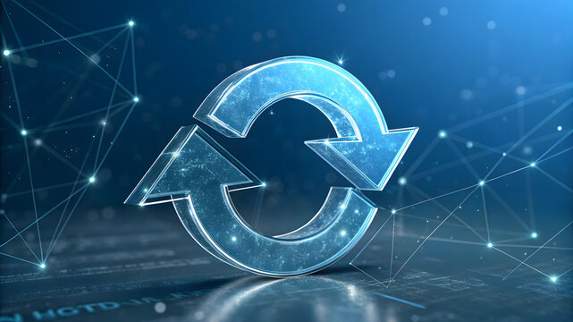 Futuristic blue refresh icon with glowing network connections and data background.