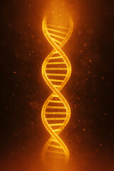 Obraz premium golden DNA double helix structure set against a dark, atmospheric background filled with soft floating particles.