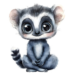 Cute baby lemur in a sitting position with adorable features and playful expressions. Animal character with smiling face and big eyes. Watercolor illustration isolated on transparent background.