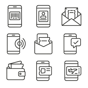 Mobile Ticketing Icons. Outline style icons of Mobile Ticketing: smartphone with barcode, digital pass app, e-ticket envelope,
