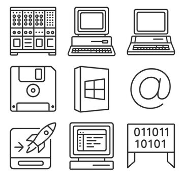 Computing Icons Evolution. Outline style icons of Computing Milestones: ENIAC unit, IBM PC, Apple II, first floppy disk, Windows 1