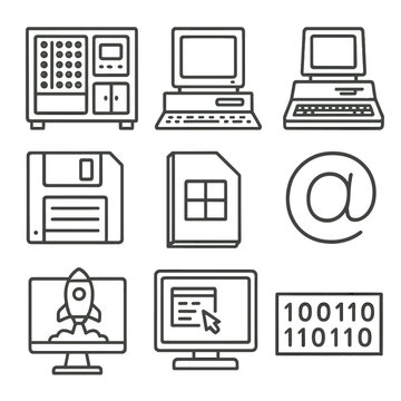 Computing Icons Evolution. Outline style icons of Computing Milestones: ENIAC unit, IBM PC, Apple II, first floppy disk, Windows 1