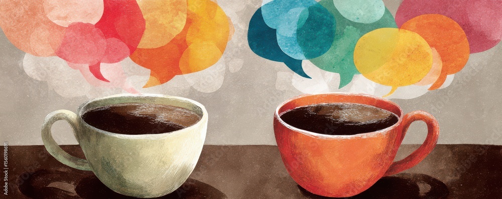 Poster two stylish coffee cups with colorful speech bubbles representing conversation and connection