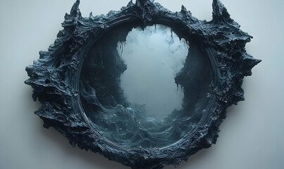 Ornate, dark frame surrounds a blurred reflection of icy landscape, creating a haunting and intriguing visual
