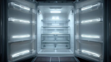 Wide open fridge, empty glass shelves glowing softly 