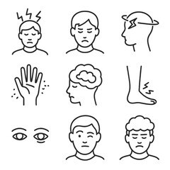 Neurological Symptom Icons. Outline style icons of Neurological Symptoms: headache icon, migraine with flash, dizziness spiral,
