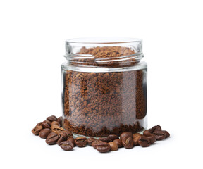 Instant coffee in glass jar and beans isolated on white
