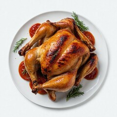 roasted chicken on isolated white background top view