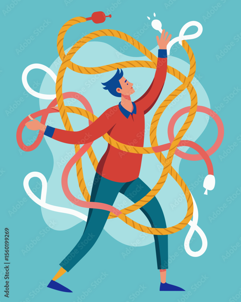 Poster a person desperately trying to untangle themselves from a web of interconnected stress chains.. vect