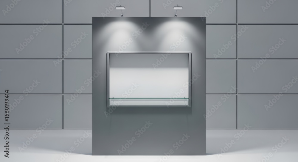 Poster mockup of modern minimalist display stand in contemporary gallery setting with grey walls and bright