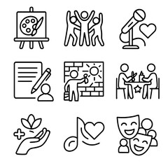 Fototapeta premium Supportive Art Icons. Outline style icons of Support Through Arts: painting therapy, expressive dance group, open mic with heart,