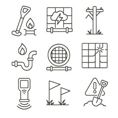 Fototapeta premium Utility Surveying Icons. Outline style icons of Utility Surveying: underground pipe locator, electrical grid overlay, telecom pole