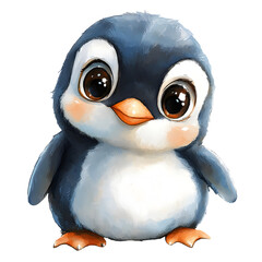 Cute baby penguin with adorable features and playful expressions. Bird character with smiling face and big eyes. Watercolor illustration isolated on transparent background.