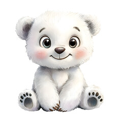 Cute white polar bear in a sitting position with adorable features and playful expressions. Animal character with smiling face and big eyes. Watercolor illustration isolated on transparent background.
