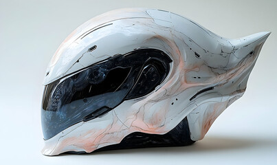 Artistic futuristic helmet in whites/pinks, with flowing organic forms and visor, on a stark white surface