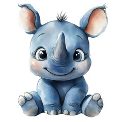 Cute baby rhinoceros in a sitting position with adorable features and playful expressions. Animal character with smiling face and big eyes. Watercolor illustration isolated on transparent background.