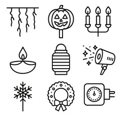 Seasonal Lighting Icons. Line style icons of Seasonal & Holiday Lighting: string icicle, pumpkin path light, menorah bulbs, Diwali