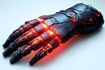 Black hand gauntlet with glowing red spaces on a white surface, in a still-life studio shot