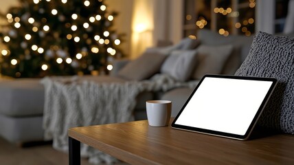 Tablet with blank white screen on wooden coffee table in cozy Christmas-themed living room