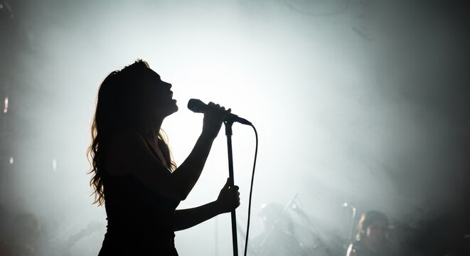 Female singer silhouette performing live on stage with microphone