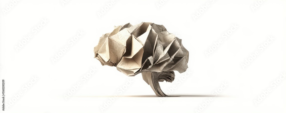 Poster intricate origami brain sculpture with distinctive textures and shadows on a clean background
