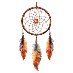 Ethnic bohemian dreamcatcher with brown feathers, watercolor illustration isolated on transparent background. Indian american, boho style. PNG, cutout.