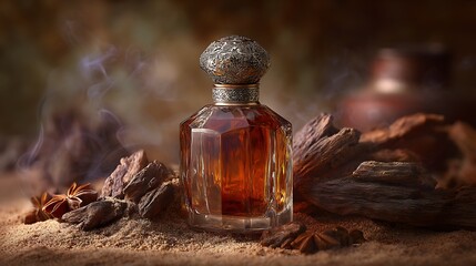 innovative long bottle of a perfume, real product photography, rich in color, oud barks and sand elements as properties, 8k, studio lighting, blurred arabic background, middle .
