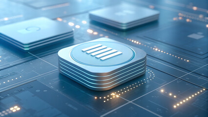 Futuristic digital interface with glowing circuit board and abstract icons.