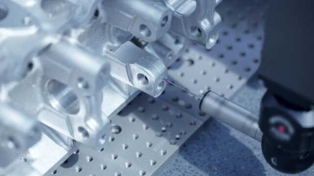 Cnc coordinate measuring machine inspecting metal engine block