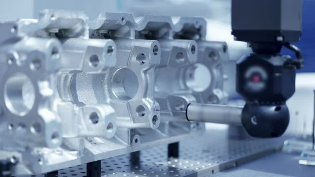 Cnc coordinate measuring machine inspecting metal engine block