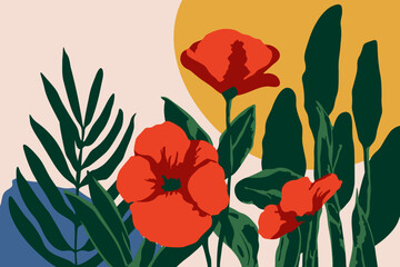 Floral art background with blooming poppy flowers and green leaves. Hand drawn botanical card with copy space