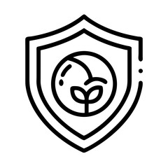 Simple black and white icon of a shield featuring a globe and plant, symbolizing environmental protection