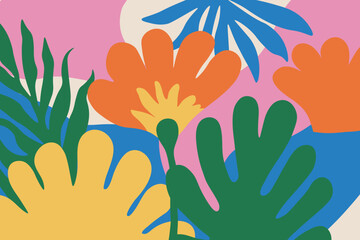 Hand drawn botanical background. Flowers and organic shapes in naive childish style. Abstract groovy vector design