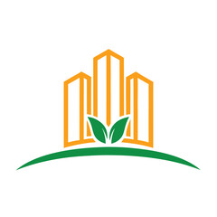 Orange buildings and green leaves logo leaf nature
