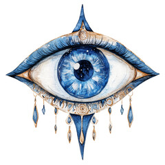 Mystical eye symbol in boho style, watercolor illustration isolated on transparent background. PNG, cutout.