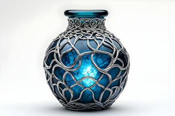 Ornate blue glass vase encased in silver wire designs, lit from within against white