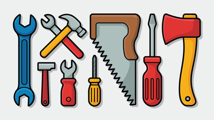 Vector illustration of hand tools set, wrench, hammer, saw, screwdriver, axe for construction work